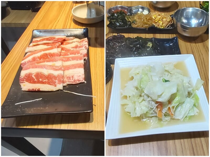 韓天閣韓式料理專門店吃三人分饗套餐的另外一份牛五花與炒青菜