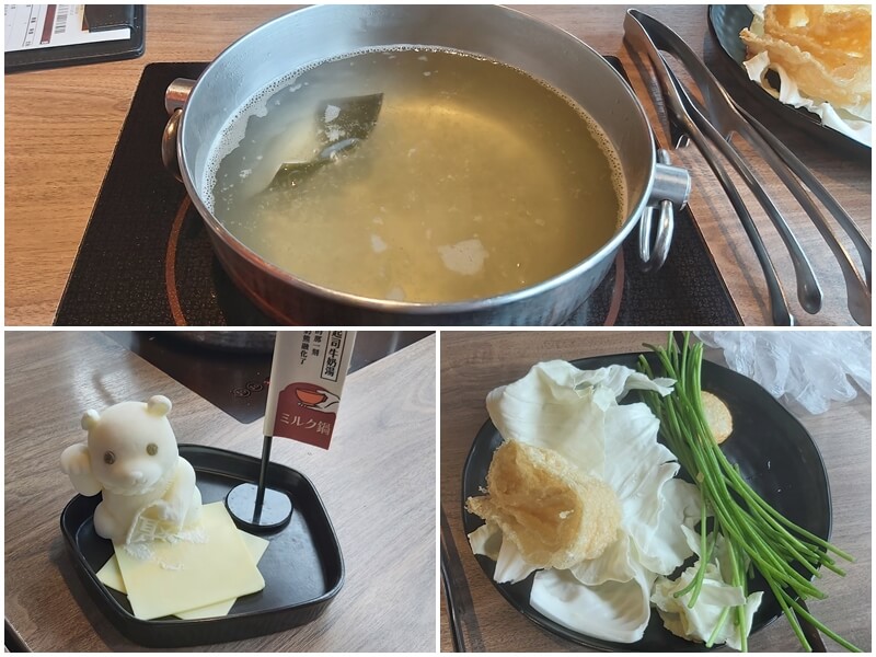 聚日式鍋物札幌起司牛奶湯的聚寶牛奶熊與北海道昆布湯