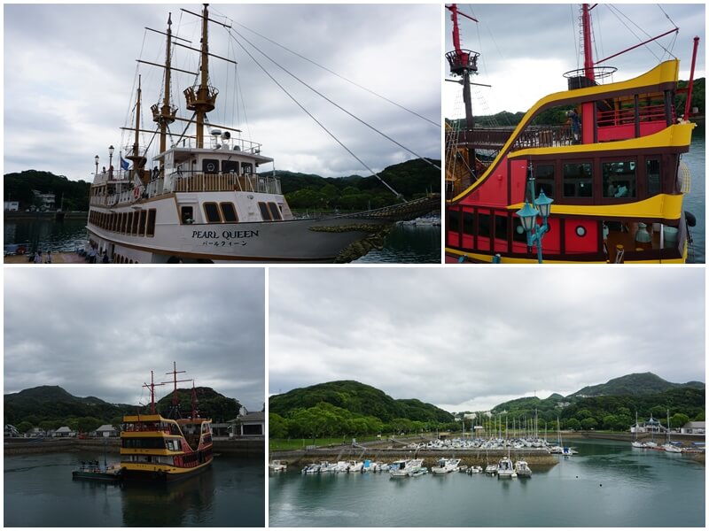 搭乘九十九島遊覧船的珍珠皇后號，旁邊為海賊遊覽船未來號