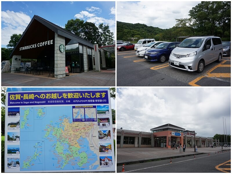 金立休息站(Kinryu SA)服務區的星巴克、停車場與佐賀長崎觀光大地圖