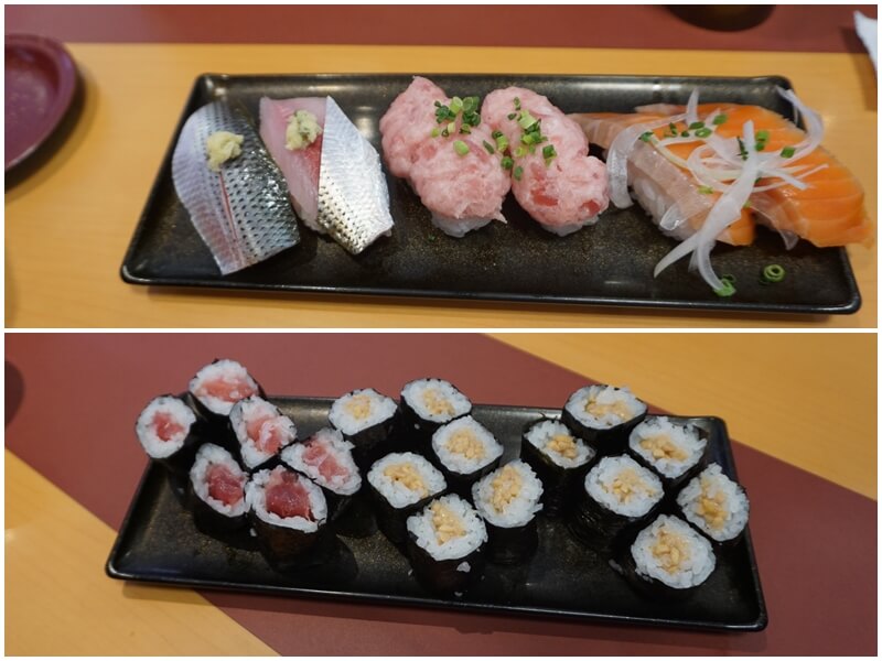 寿司じじや 天草空港通り店前的鮭魚、鮪魚等握壽司與鐵火捲等