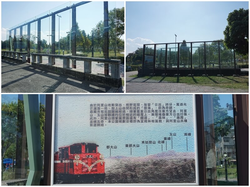 北香湖公園的舊水門橋台裡面的看板介紹與旁邊玻璃框保護著