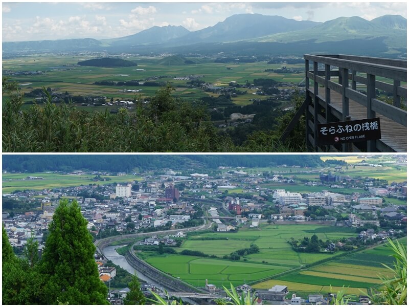 在田子山展望所的天空之船站棧橋上觀看下方田園景觀