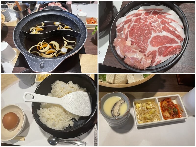 在日式壽喜燒店喜なべ的鑄鐵鍋與豬肉雞肉吃到飽