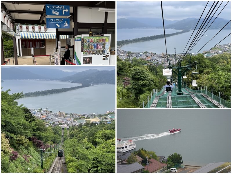 天橋立傘松公園從上往下看纜車與吊椅的風景