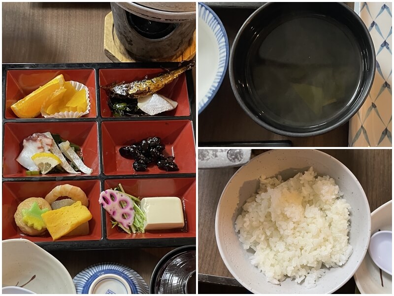 天橋立松井物產豬肉陶板燒烤牡蠣御膳套餐的小菜、海帶湯與白飯