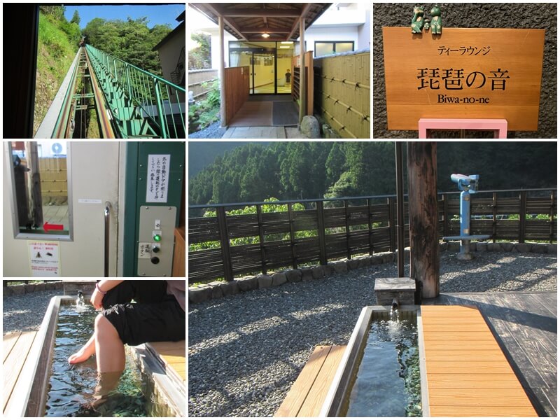 The cable car at Shin-Iya Onsen Kazurabashi Hotel takes guests to enjoy the hot springs and foot baths.