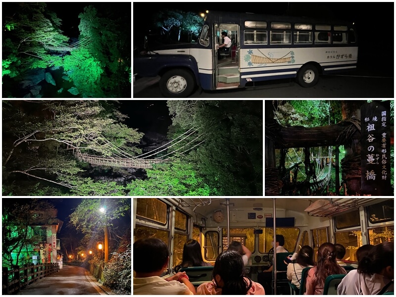 In the evening, we took Shin-Zuikyo Onsen Suspension Bridge Hotel's historic bus to visit the Iya Vine Bridge