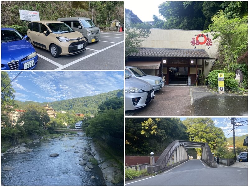 車停在箱根湯本和泉的停車場，往箱根湯本站方向走