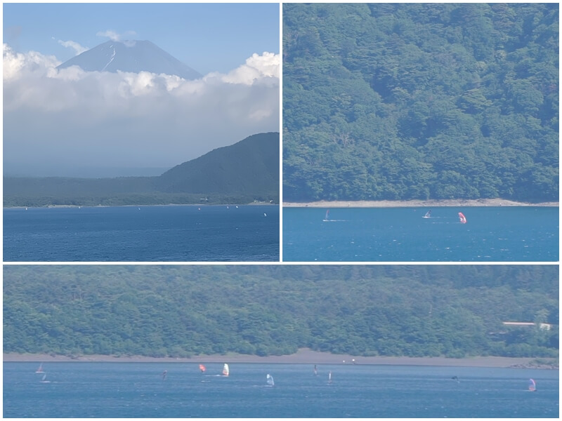 本栖湖展望公園看富士山與湖面上的風帆