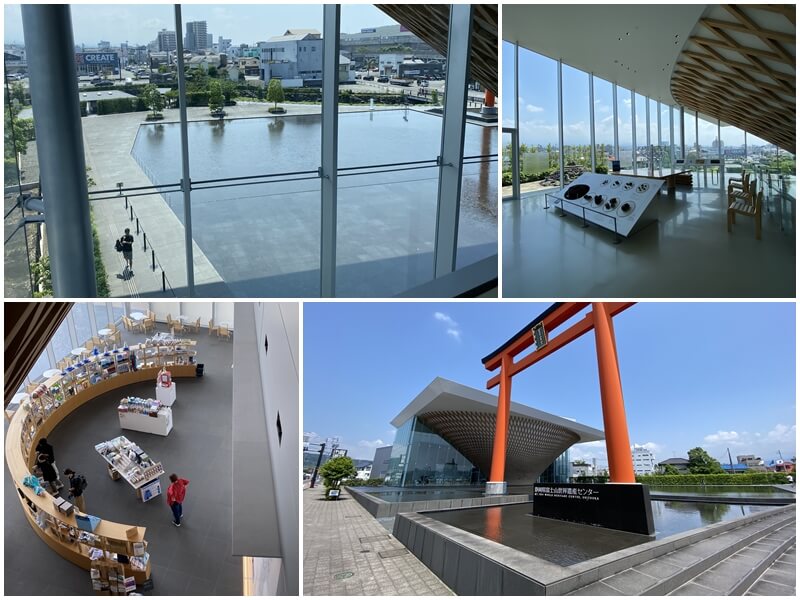The souvenir shop of the Mt. Fuji World Heritage Centre and the Fujisan Hongū torii gate outside