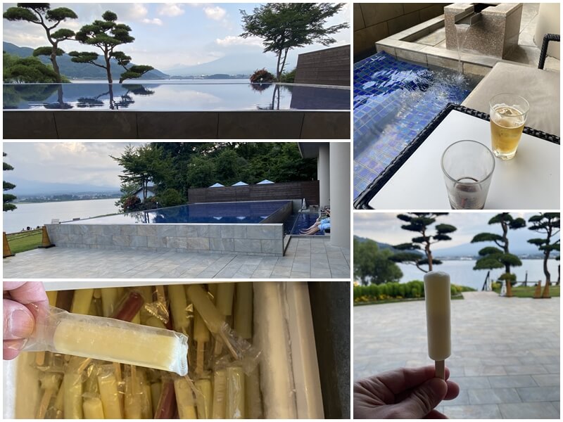 在秀峰閣湖月的富士山景觀足浴露台喝著生啤酒與吃冰棒