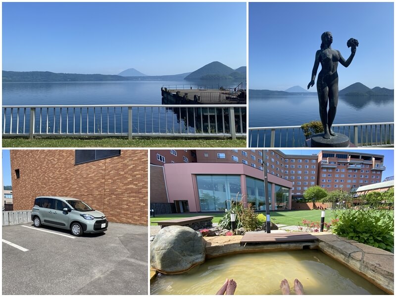 在洞爺湖萬世閣湖畔露台飯店早晨看洞爺湖與泡露天足湯